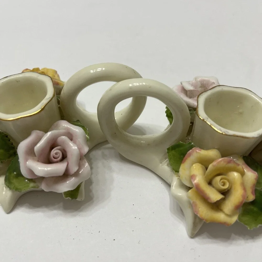 Vintage Porcelain Taper Candle Holders Finger Loop White 3D Hand Painted Roses 2